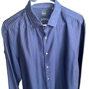 BOSS Hugo Boss Men’s Striped Button Down Navy Dress Shirt XL